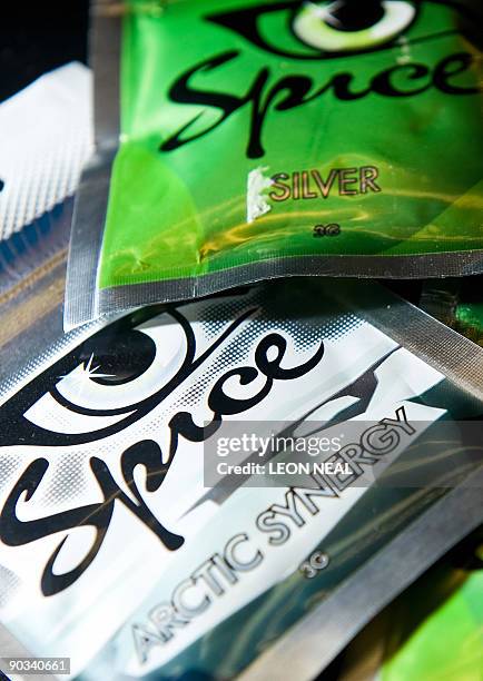 Selection of the "Spice" legal stimulants is pictured in a shop in north London, on August 28, 2009. Spice, which will be placed in Class B, is made...