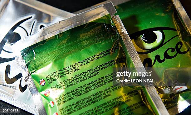 Selection of the "Spice" legal stimulants is pictured in a shop in north London, on August 28, 2009. Spice, which will be placed in Class B, is made...
