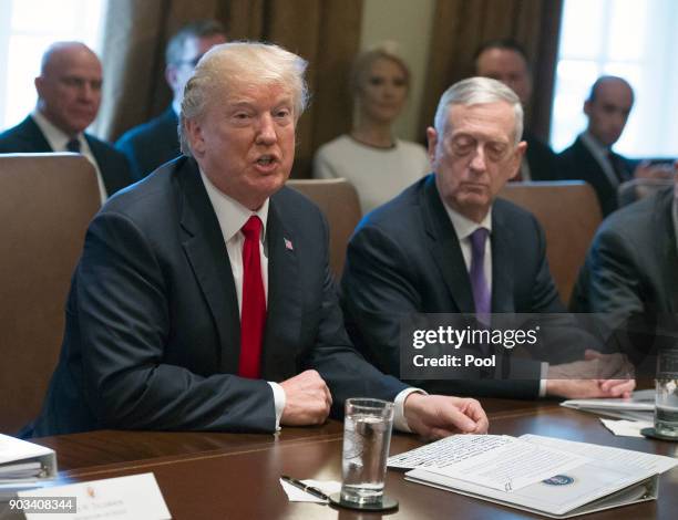 President Donald Trump makes opening remarks as he holds a Cabinet meeting in the Cabinet Room of the White House on January 10, 2018 in Washington,...