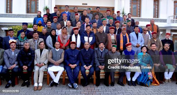 Himachal Pradesh Chief Minister Jai Ram Thakur, opposition leader Mukesh Agnihotri and other Minister and MLA's pose for group photographs during the...