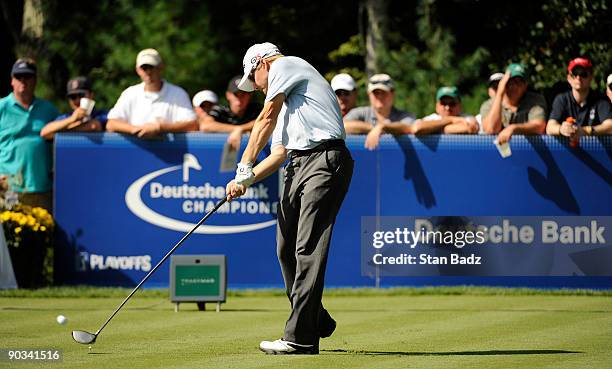 Heath Slocum hits from he 18th tee box during the first round of the Deutsche Bank Championship held at TPC Boston on September 4, 2009 in Norton,...