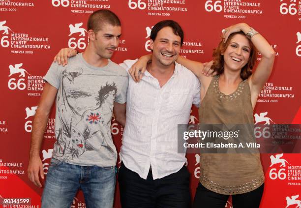 Actor Michele Riondino, director Valerio Mieli and actress Isabella Ragonese attend the "Dieci Inverni" photocall at the Palazzo del Casino during...