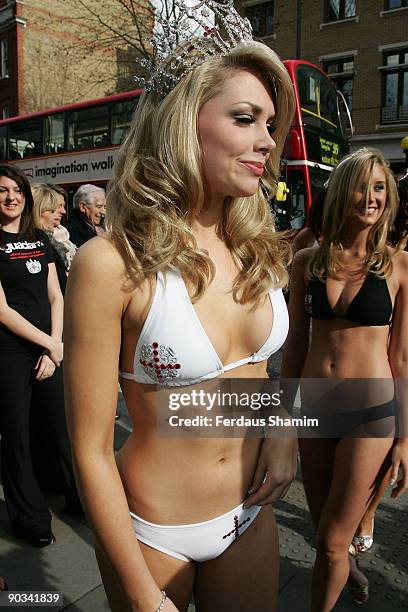 Miss England Georgia Horsley poses at a photocall at the launch of Miss England Bikini 2008 at the Kings Road Sporting Club on April 4, 2008 in...