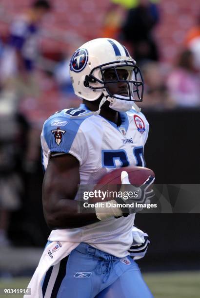 Defensive back Nick Harper of the Tennessee Titans warms up prior to a preseason game on August 29, 2009 against the Cleveland Browns at Cleveland...