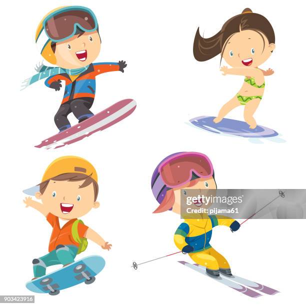 illustrazioni stock, clip art, cartoni animati e icone di tendenza di sport bambini set - surfing stock illustrations