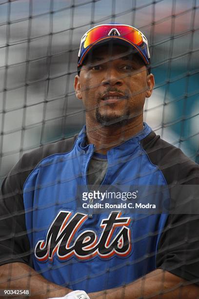 Gary Sheffield of the New York Mets during batting practice before a MLB game against the Florida Marlins at Landshark Stadium on August 27, 2009 in...