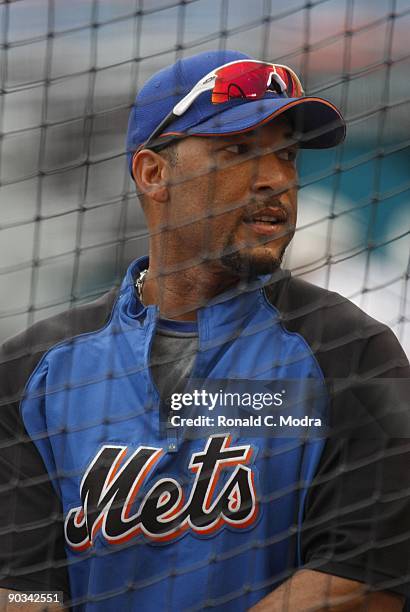 Gary Sheffield of the New York Mets during batting practice before a MLB game against the Florida Marlins at Landshark Stadium on August 27, 2009 in...