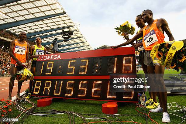 The Kenyan Mens 4 x 1500m team pose after setting a new world record in their event during the IAAF Golden League Memorial Van Damme meet at the King...