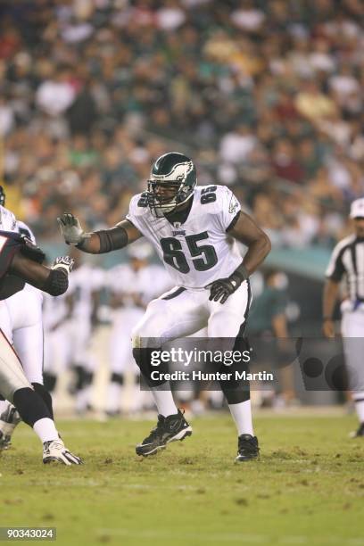 Offensive tackle King Dunlap of the Philadelphia Eagles pass blocks during a game against the New England Patriots on August 13, 2009 at Lincoln...