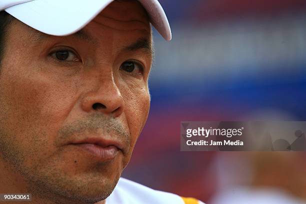 Atlantes' head coach Jose Guadalupe Cruz looks during a training session at the Andres Quintana Roo Stadium on September 3, 2009 in Cancun, Mexico.