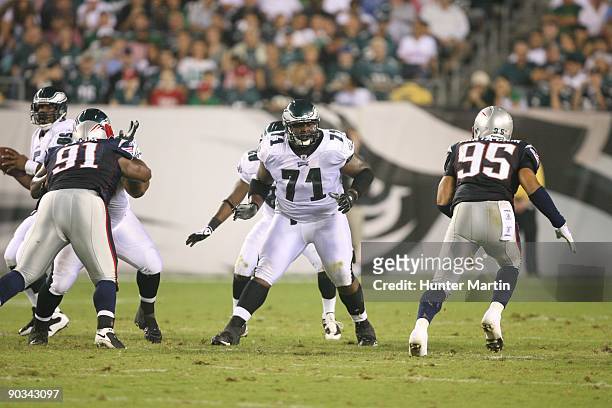 Offensive tackle Jason Peters of the Philadelphia Eagles pass blocks during a game against the New England Patriots on August 13, 2009 at Lincoln...