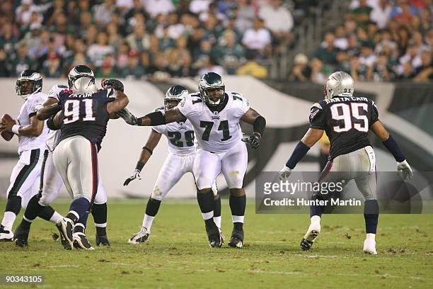 Offensive tackle Jason Peters of the Philadelphia Eagles pass blocks during a game against the New England Patriots on August 13, 2009 at Lincoln...