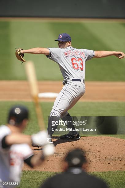 Justin Masterson of the Cleveland Indians pitches during a baseball game against the Baltimore Orioles on August 29, 2009 at Camden Yards in...