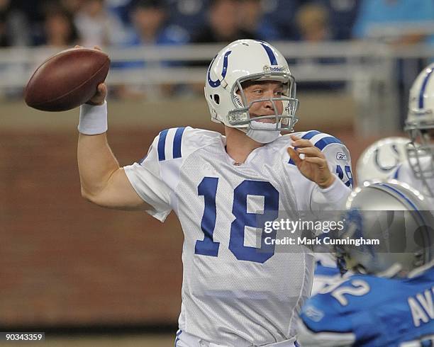 Peyton Manning of the Indianapolis Colts throws a pass against the Detroit Lions at Ford Field on August 29, 2009 in Detroit, Michigan. The Lions...