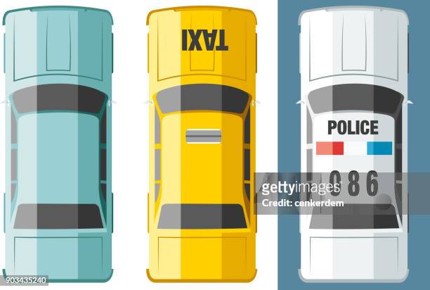 stockillustraties, clipart, cartoons en iconen met bovenaanzicht auto's (vector) - yellow taxi