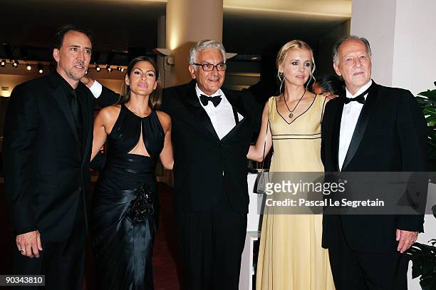Actor Nicolas Cage with Eva Mendes and guest with Werner Herzog and wife Lena Herzog attend the "Bad Lieutenant: Port Of Call New Orleans" premiere...