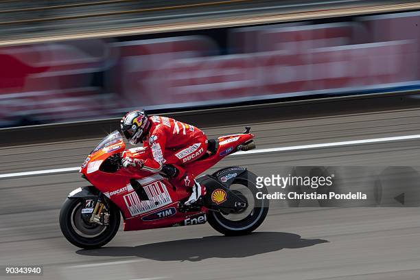 Ducati Team Rider Mika Kallio of Finland during the Moto GP race at the Red Bull Indianapolis Grand Prix held at the Indianapolis Motor Speedway on...