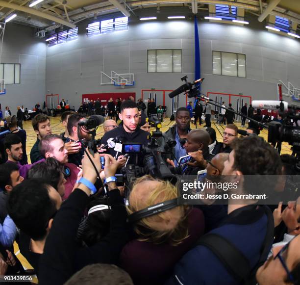 Ben Simmons of the Philadelphia 76ers talks to the media during practice as part of the 2018 NBA London Global Game at Citysport on January 10, 2018...