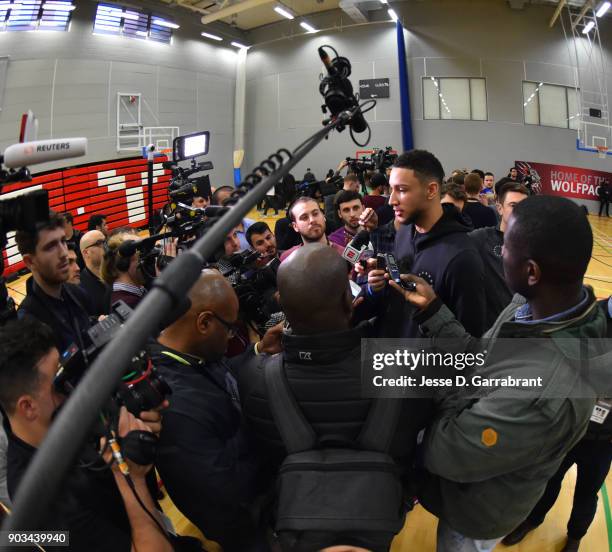 Ben Simmons of the Philadelphia 76ers talks to the media during practice as part of the 2018 NBA London Global Game at Citysport on January 10, 2018...