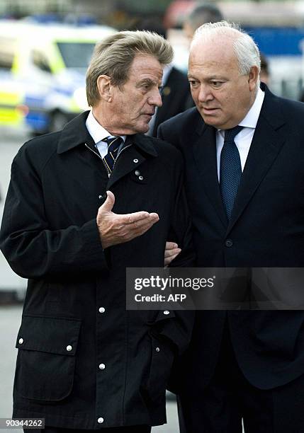 French Foreign Minister Bernard Kouchner and Spain's Foreign Minister Miguel Angel Moratinos talk on their way to the Vasa Museum at Djurgarden in...