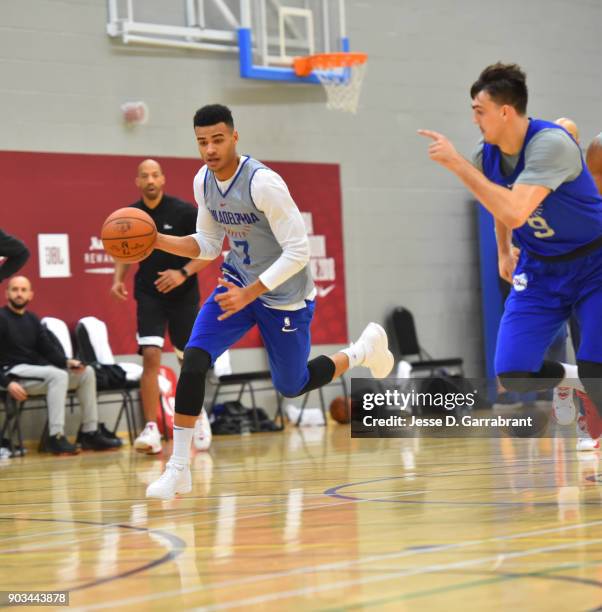 Timothe Luwawu-Cabarrot of the Philadelphia 76ers dribbles during practice as part of the 2018 NBA London Global Game at Citysport on January 10,...