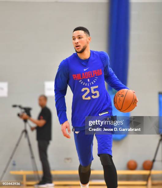 Ben Simmons of the Philadelphia 76ers dribbles during practice as part of the 2018 NBA London Global Game at Citysport on January 10, 2018 in London,...