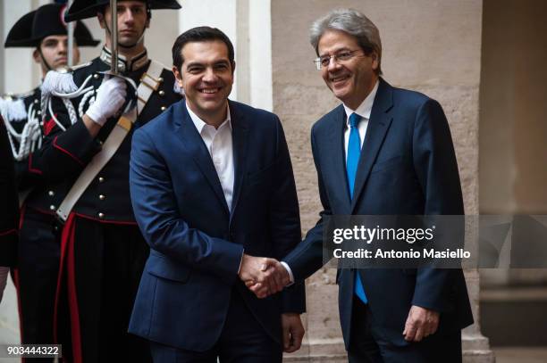 Italian Prime Minister Paolo Gentiloni greets Greek Prime Minister Alexis Tsipras before a bilateral meeting, ahead of the 4th summit of Southern...