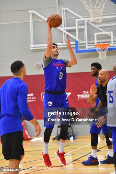 Dario Saric of the Philadelphia 76ers shoots during practice as part of the 2018 NBA London Global Game at Citysport on January 10, 2018 in London,...