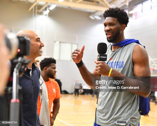 Joel Embiid of the Philadelphia 76ers speaks to the media during practice as part of the 2018 NBA London Global Game at Citysport on January 10, 2018...
