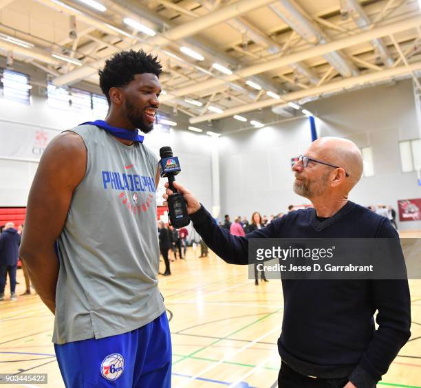 Joel Embiid of the Philadelphia 76ers speaks to the media during practice as part of the 2018 NBA London Global Game at Citysport on January 10, 2018...