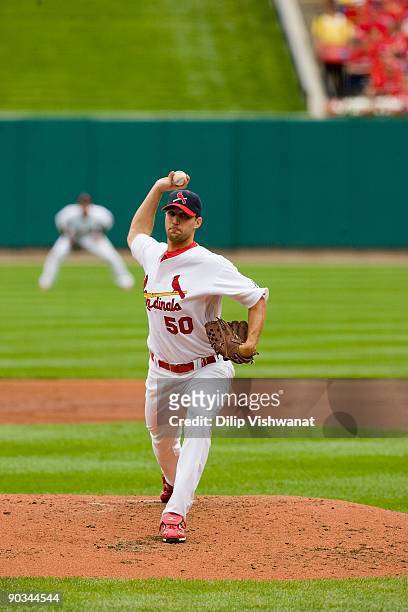 Adam Wainwright of the St. Louis Cardinals pitches against the Washington Nationals on August 30, 2009 at Busch Stadium in St. Louis, Missouri. The...