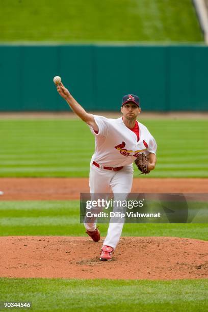 Adam Wainwright of the St. Louis Cardinals pitches against the Washington Nationals on August 30, 2009 at Busch Stadium in St. Louis, Missouri. The...