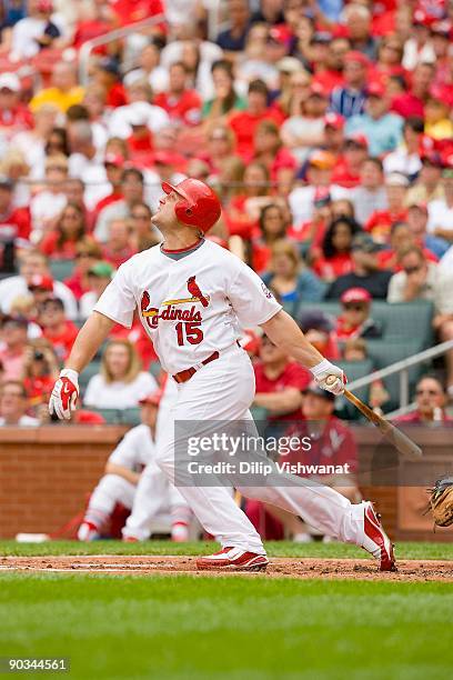 Matt Holliday of the St. Louis Cardinals bats against the Washington Nationals on August 30, 2009 at Busch Stadium in St. Louis, Missouri. The...