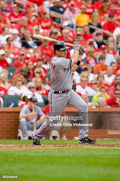 Ryan Zimmerman of the Washington Nationals bats against the St. Louis Cardinals on August 30, 2009 at Busch Stadium in St. Louis, Missouri. The...