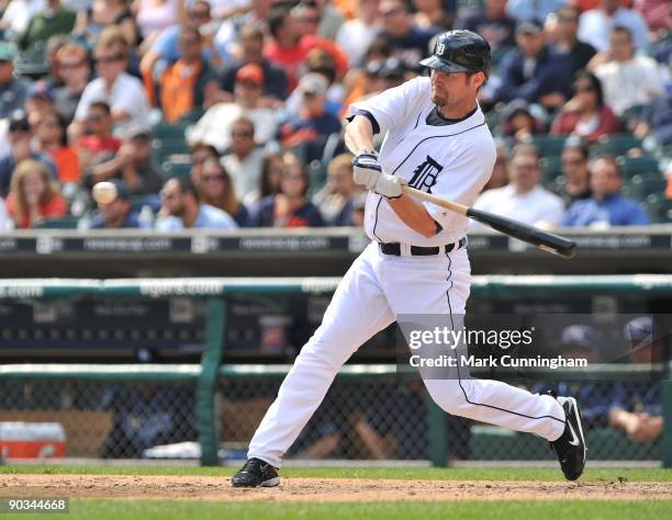Aubrey Huff of the Detroit Tigers bats against the Tampa Bay Rays during the game at Comerica Park on August 31, 2009 in Detroit, Michigan. The Rays...