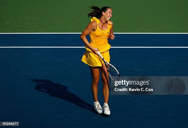 Jelena Jankovic of Serbia reacts after defeating Dinara Safina of Russia in the finals of the Western & Southern Financial Group Women's Open on...