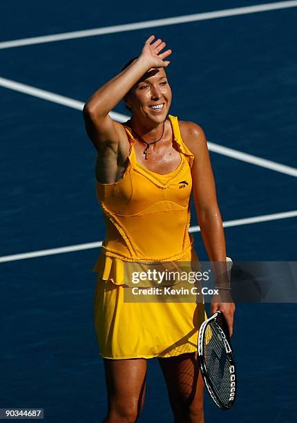 Jelena Jankovic of Serbia reacts after defeating Dinara Safina of Russia in the finals of the Western & Southern Financial Group Women's Open on...