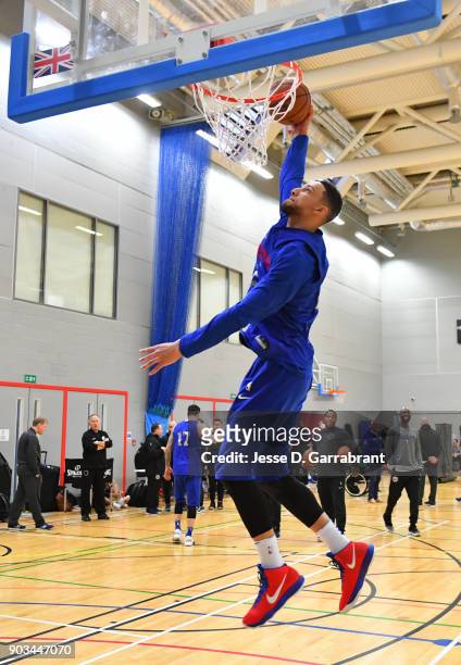 Ben Simmons of the Philadelphia 76ers dunks during practice as part of the 2018 NBA London Global Game at Citysport on January 10, 2018 in London,...
