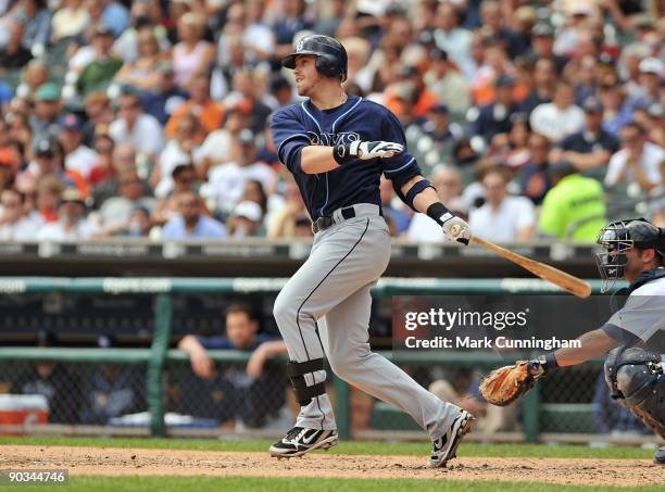 Evan Longoria of the Tampa Bay Rays bats against the Detroit Tigers during the game at Comerica Park on August 31, 2009 in Detroit, Michigan. The...