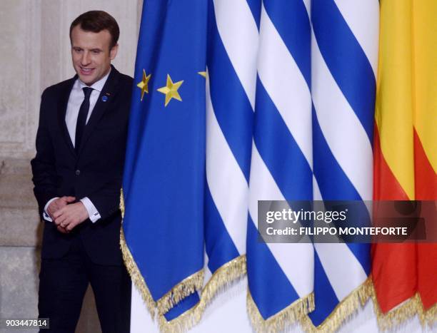 France's President Emmanuel Macron arrives for the Summit of Mediterranean EU countries at Villa Madama in Rome on January 10, 2018. - Heads of state...