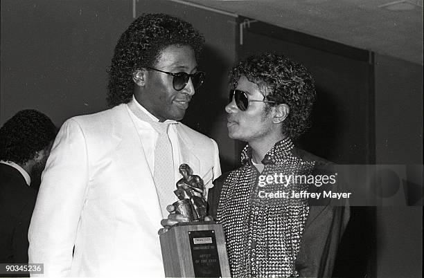 July 1: Frankie Crocker and Michael Jackson at the Black Radio Exclusive Convention at the Hyatt Regency Hotel on July 1, 1983 in Los Angeles,...