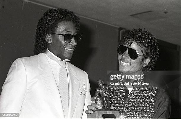 July 1: Frankie Crocker and Michael Jackson at the Black Radio Exclusive Convention at the Hyatt Regency Hotel on July 1, 1983 in Los Angeles,...
