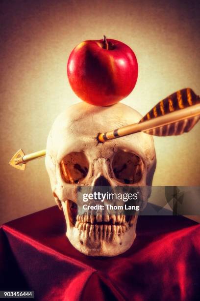 skull with apple and arrow - apple arrow stock-fotos und bilder