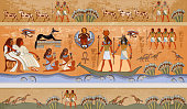 Ancient Egypt scene, mythology. Egyptian gods and pharaohs. Murals ancient Egypt. Hieroglyphic carvings on the exterior walls of an ancient temple. Egypt background