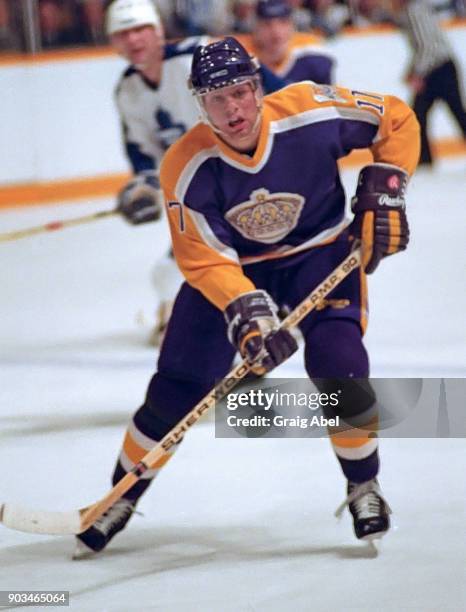 Jimmy Carson of the Los Angeles Kings skates against the Toronto Maple Leafs during NHL game action on February 4, 1987 at Maple Leaf Gardens in...