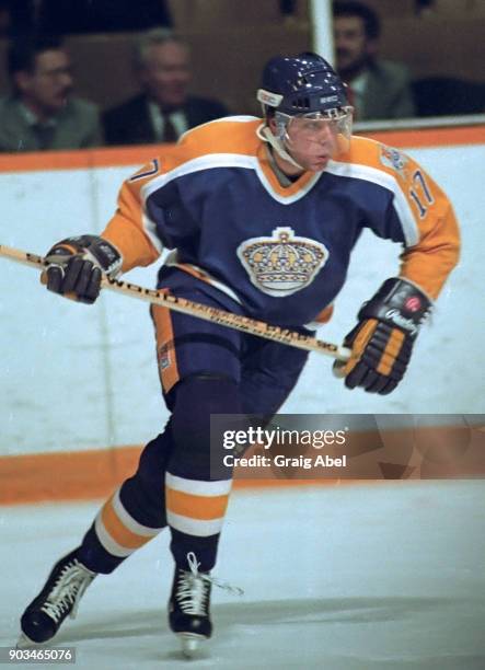 Jimmy Carson of the Los Angeles Kings skates against the Toronto Maple Leafs during NHL game action on February 4, 1987 at Maple Leaf Gardens in...