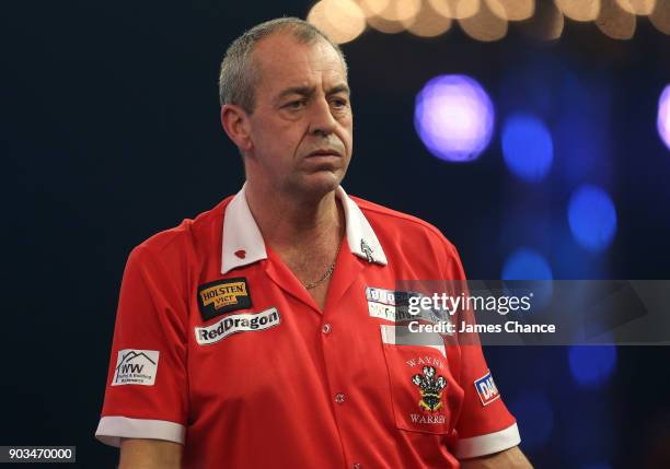Wayne Warren of Wales reacts during Day Four of the BDO World Darts Championship at Lakeside Shopping Centre on January 10, 2018 in Thurrock, England.