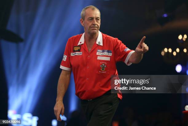 Wayne Warren of Wales celebrates during Day Four of the BDO World Darts Championship at Lakeside Shopping Centre on January 10, 2018 in Thurrock,...
