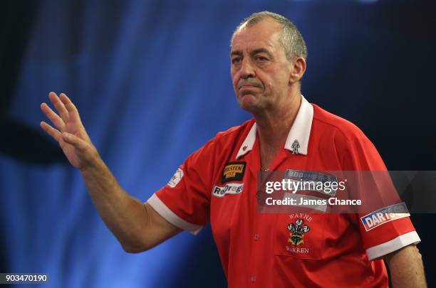 Wayne Warren of Wales celebrates during Day Four of the BDO World Darts Championship at Lakeside Shopping Centre on January 10, 2018 in Thurrock,...