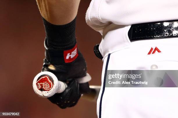 Detail view of the bat of Bryce Harper of the Washington Nationals featuring a "Vegas" sticker during Game 5 of the National League Division Series...